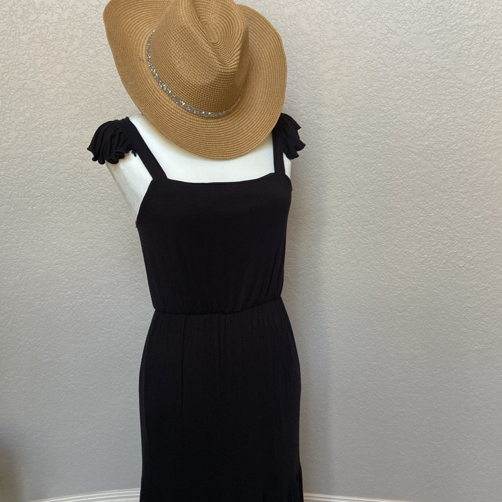 Black maxi tiered summer dress w/ ruffles accenting the shoulder straps, size S - Picture 3 of 9